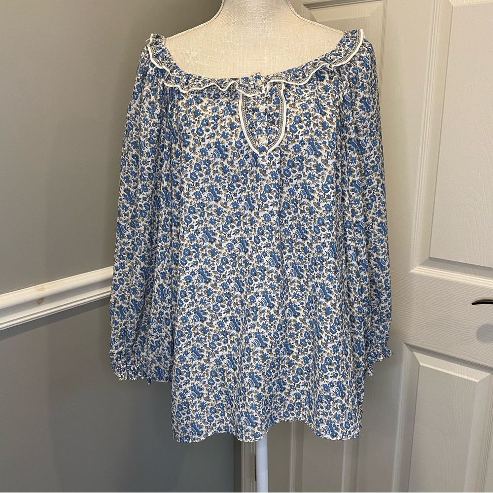Max Studio Blue White Floral Peasant Blouse 1X Plus Size 3/4 Puff Sleeves